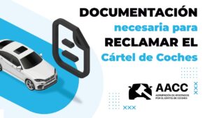 Ilustración de coche blanco y documento informativo sobre reclamar el cártel de coches