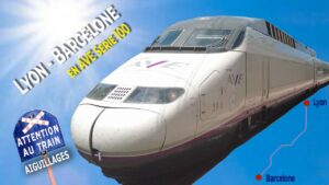 Tren AVE Serie 100 en ruta Lyon-Barcelona con frontal aerodinámico y mapa, 9quW4gcLCDM