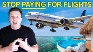 AsbrO5PkWgQ avión Air Canada en aproximación sobre aguas turquesas junto a una villa sobre el agua con piscina y un hombre gesticulando