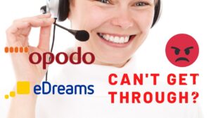 Operadora con auriculares junto a los logos de opodo y eDreams y el texto 'CAN'T GET THROUGH?' E7tlOMgmUDA