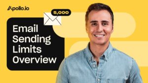 Hombre sonriente junto a gráfico amarillo que muestra 'Email Sending Limits Overview' y un icono de sobre con 5,000 ER7koWUh b8