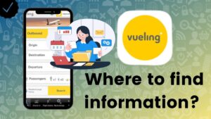 Pantalla de app de reservas en un móvil, logotipo de Vueling y persona organizando documentos Y1sb9jlI28M