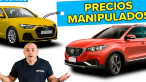 Cartel coches 1 que muestra un SUV rojo y un coche compacto amarillo junto a un presentador con gesto explicativo