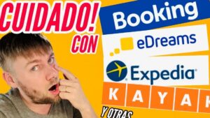 Miniatura de alerta sobre reservas con edreams mostrando un viajero sorprendido y logos de Booking, Expedia y KAYAK