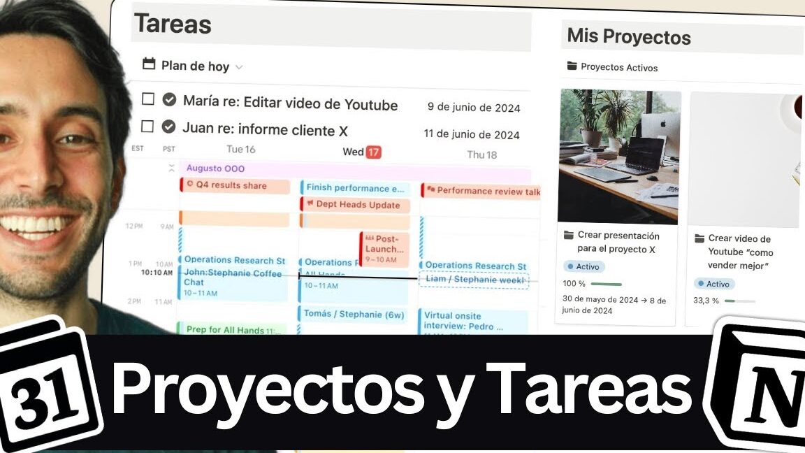 Interfaz con calendario, lista de tareas y tarjetas de proyectos para gestion tareas