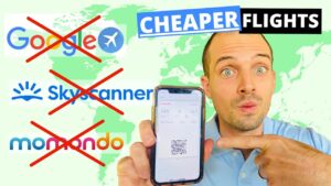 Hombre mostrando una tarjeta de embarque en el móvil frente a logos tachados de Google Flights, Skyscanner y Momondo