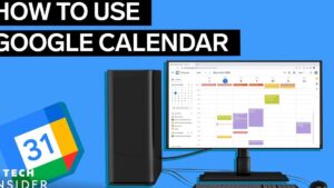 PC de escritorio con monitor que muestra un calendario semanal de google calendar junto al icono 31 sobre fondo azul