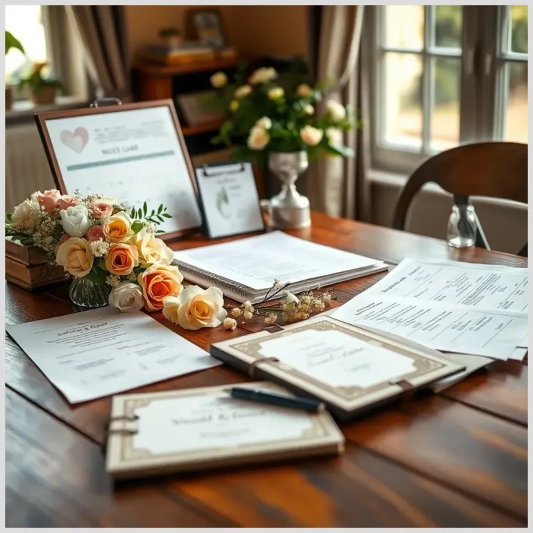 Mesa con documentos, cuadernos, flores y checklist que ilustran CÃ³mo planificar una boda paso a paso.