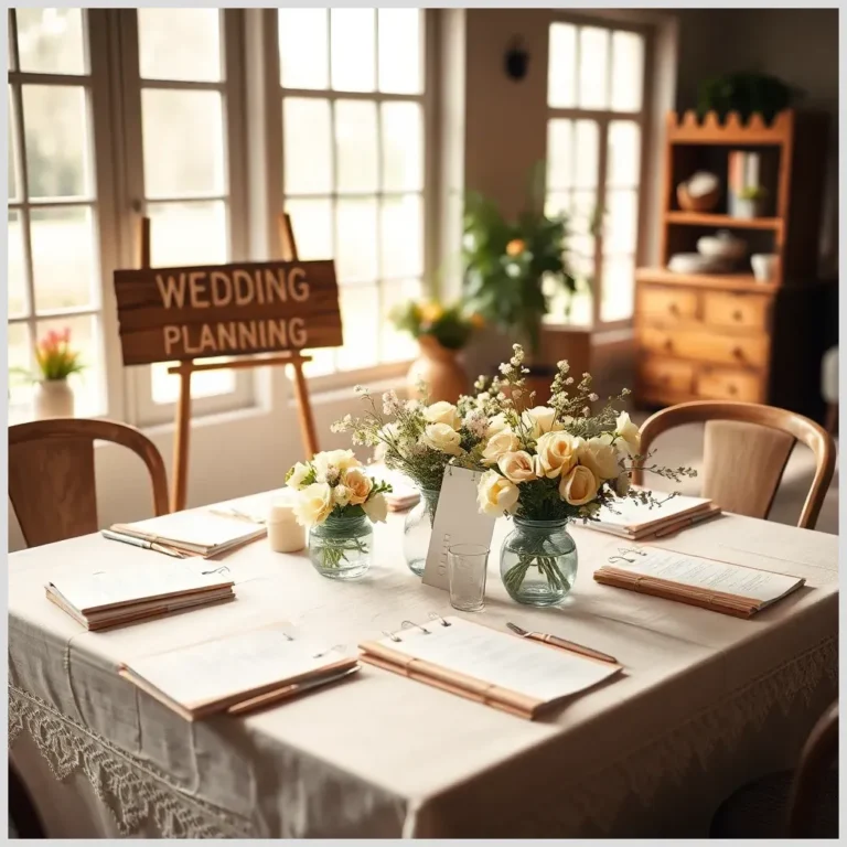 Mesa luminosa con jarrones de rosas, cuadernos y un cartel 'Wedding Planning' que inspira Cómo planificar una boda sencilla.