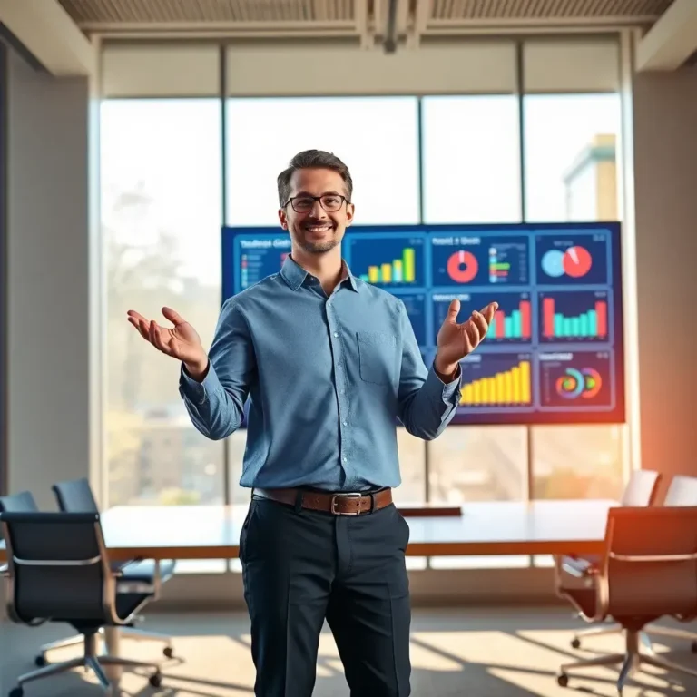 Instructor sonriente frente a una pantalla con grÃ¡ficos explicando cÃ³mo planificar una capacitaciÃ³n.