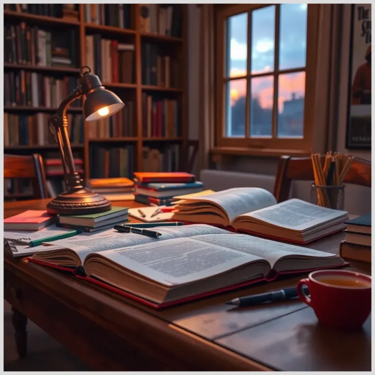 Mesa de estudio con libros abiertos, lÃ¡mpara encendida, lÃ¡pices y taza de cafÃ© que sugiere CÃ³mo planificar un cuento