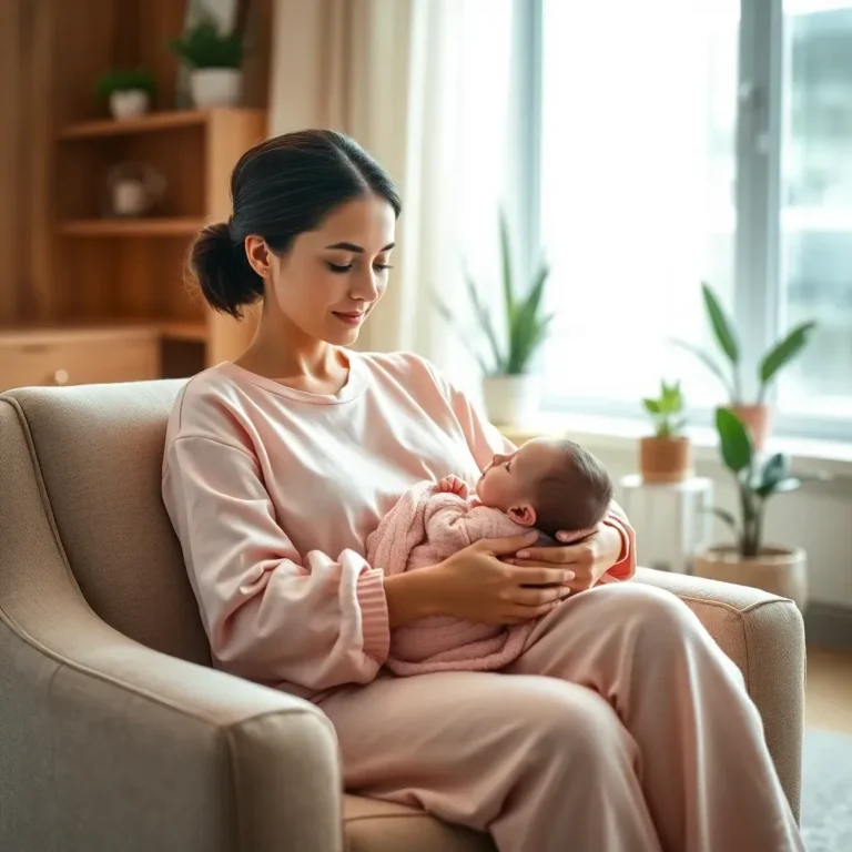 Madre sosteniendo a su recién nacido en un sillón acogedor, mostrando cómo planificar después del parto.