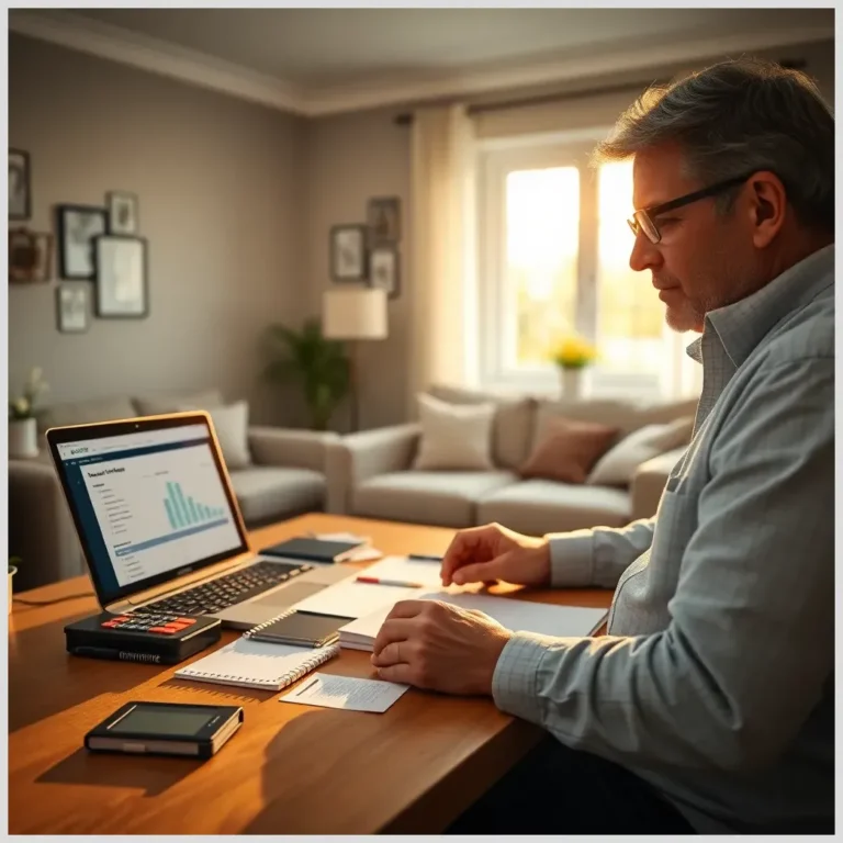 Hombre revisando grÃ¡ficos, facturas y notas en un escritorio en casa sobre CÃ³mo planificar la economÃ­a familiar