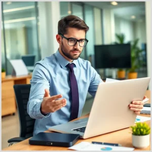 Ejecutivo en oficina con portátil y documentos planificando Cómo planificar una empresa.