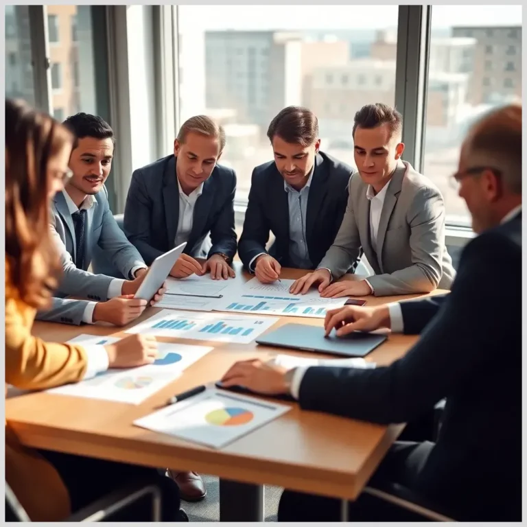 Equipo de profesionales revisando grÃ¡ficos y documentos mientras discuten cÃ³mo planificar una empresa ejemplos