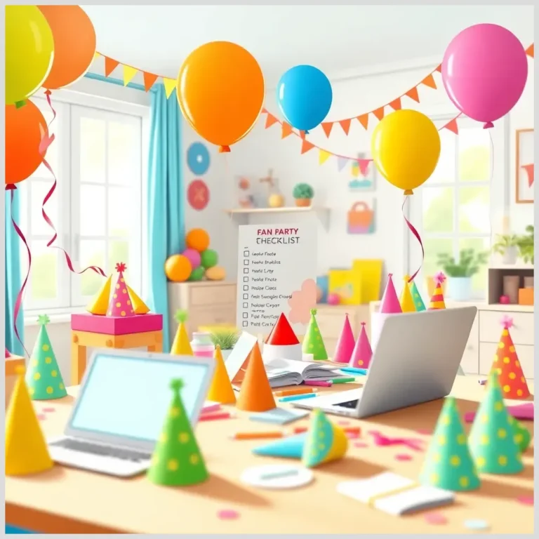 Mesa con gorros de fiesta, globos, guirnaldas, portátiles y una lista visible que ilustra Cómo planificar una fiesta infantil.