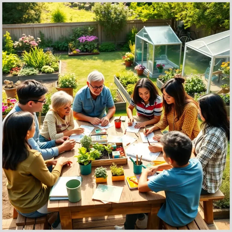 Grupo multigeneracional alrededor de una mesa planificando CÃ³mo planificar un huerto familiar junto a camas elevadas e invernaderos