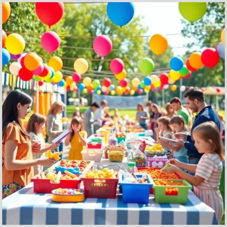 Cómo planificar una kermesse con puestos de comida, mesas largas y globos coloridos en un parque