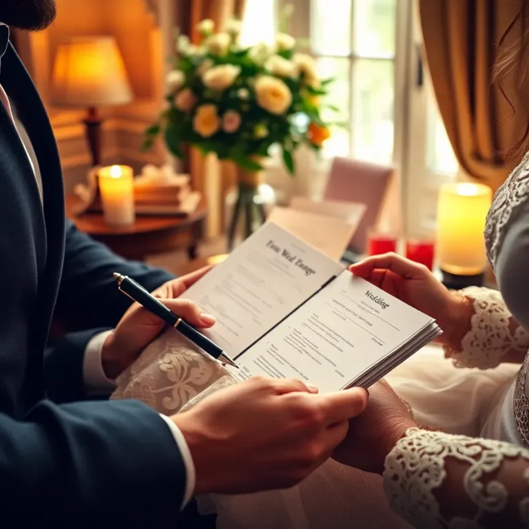 Pareja revisando un cuadernillo de boda a la luz de velas y flores mostrando cÃ³mo planificar un matrimonio.