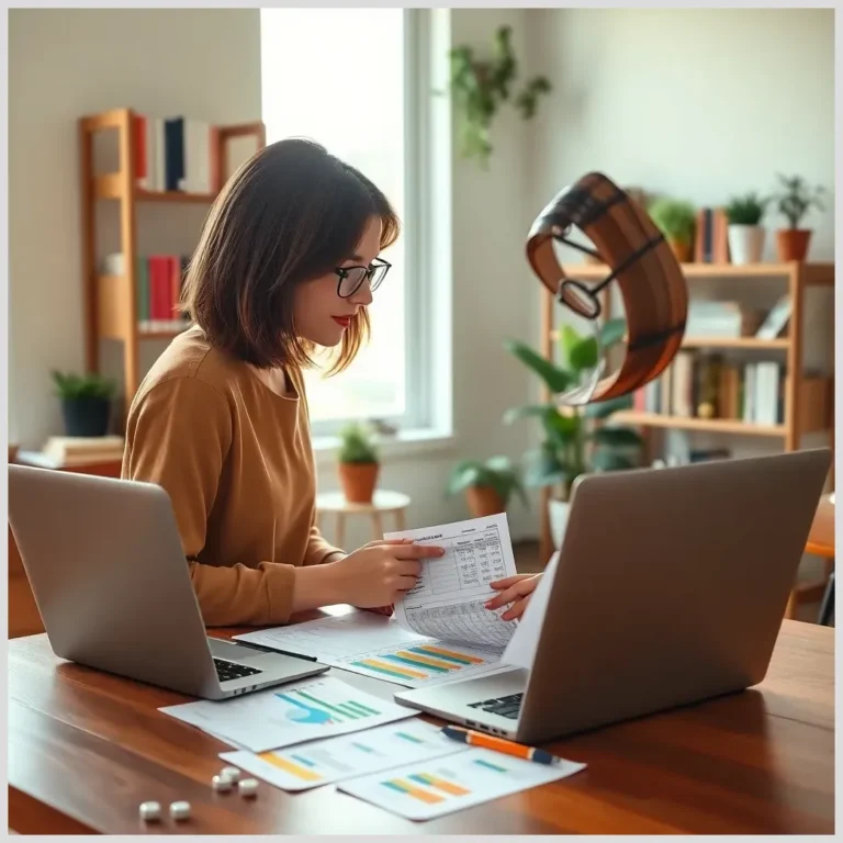 Mujer revisando gráficos y facturas en un escritorio con dos portátiles para aprender cómo planificar mis gastos mensuales.