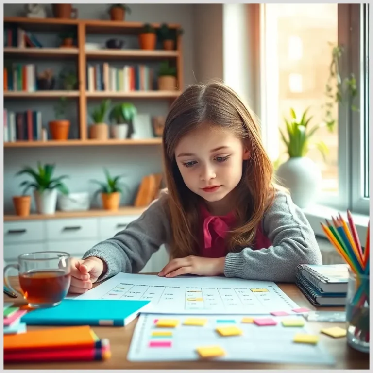 NiÃ±a concentrada organizando calendario y notas en la mesa mientras aprende cÃ³mo planificar una niÃ±a