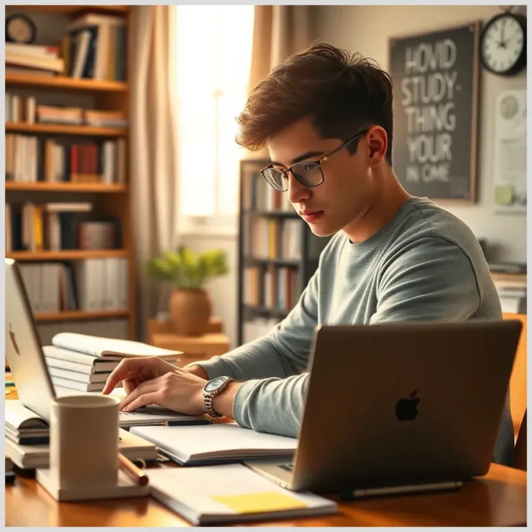 Joven concentrado estudiando en su escritorio con portÃ¡til, libros y apuntes, cÃ³mo planificar una oposiciÃ³n de forma ordenada.
