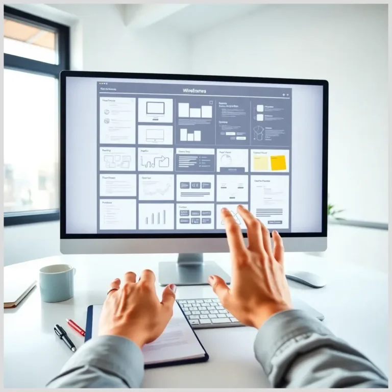 Manos frente a un monitor con wireframes y notas mostrando cÃ³mo planificar un sitio web.