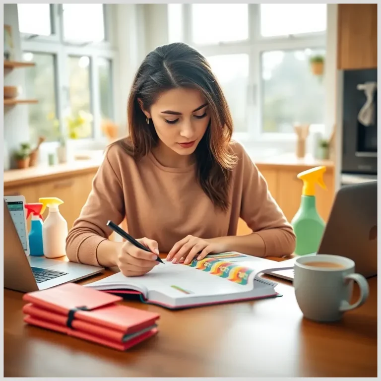 Mujer en la cocina escribiendo en una agenda mientras organiza CÃ³mo planificar las tareas del hogar con un portÃ¡til, tazas y productos de limpieza