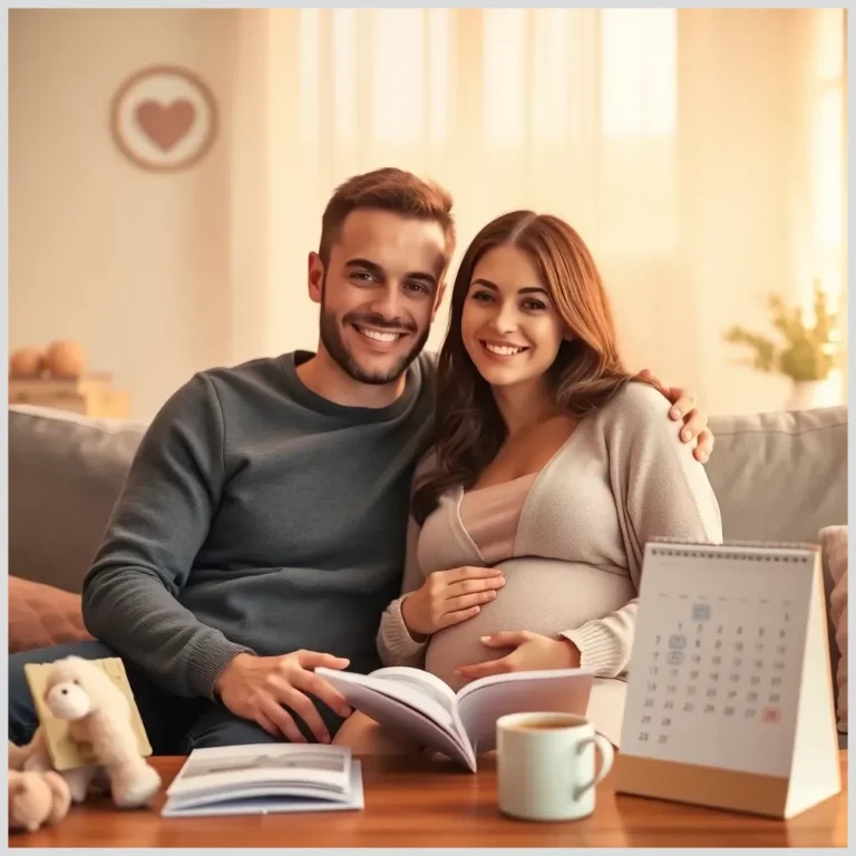 Pareja sonriente en el sofá con una mujer embarazada revisando un calendario y un libro sobre Cómo planificar para tener un bebe.