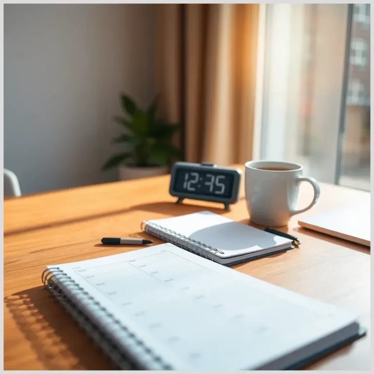 Cómo planificar el tiempo con agenda, reloj digital y taza de café sobre un escritorio iluminado por el sol