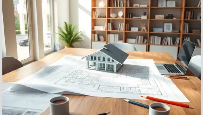 Plano arquitectónico con casa moderna