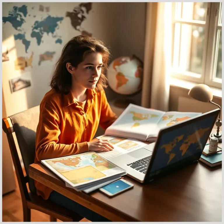 Mujer consultando mapas y portÃ¡til mientras aprende cÃ³mo planificar tu viaje.