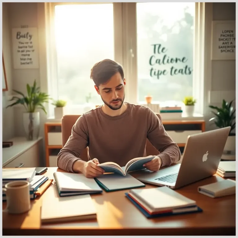 Hombre leyendo un cuaderno y tomando apuntes en un escritorio con laptop y libretas, relacionado con Cómo planificar tu vida.