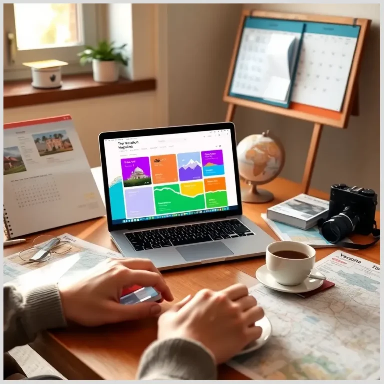 Manos planificando itinerario con portÃ¡til, mapas, calendario y cÃ¡mara mostrando CÃ³mo planificar unas vacaciones