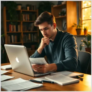 Hombre joven concentrado revisando documentos y portátil sobre Cómo planificar un varón