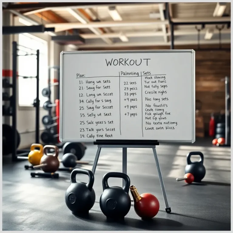 Pizarra de entrenamiento y kettlebells en un gimnasio mostrando Cómo planificar un wod crossfit.