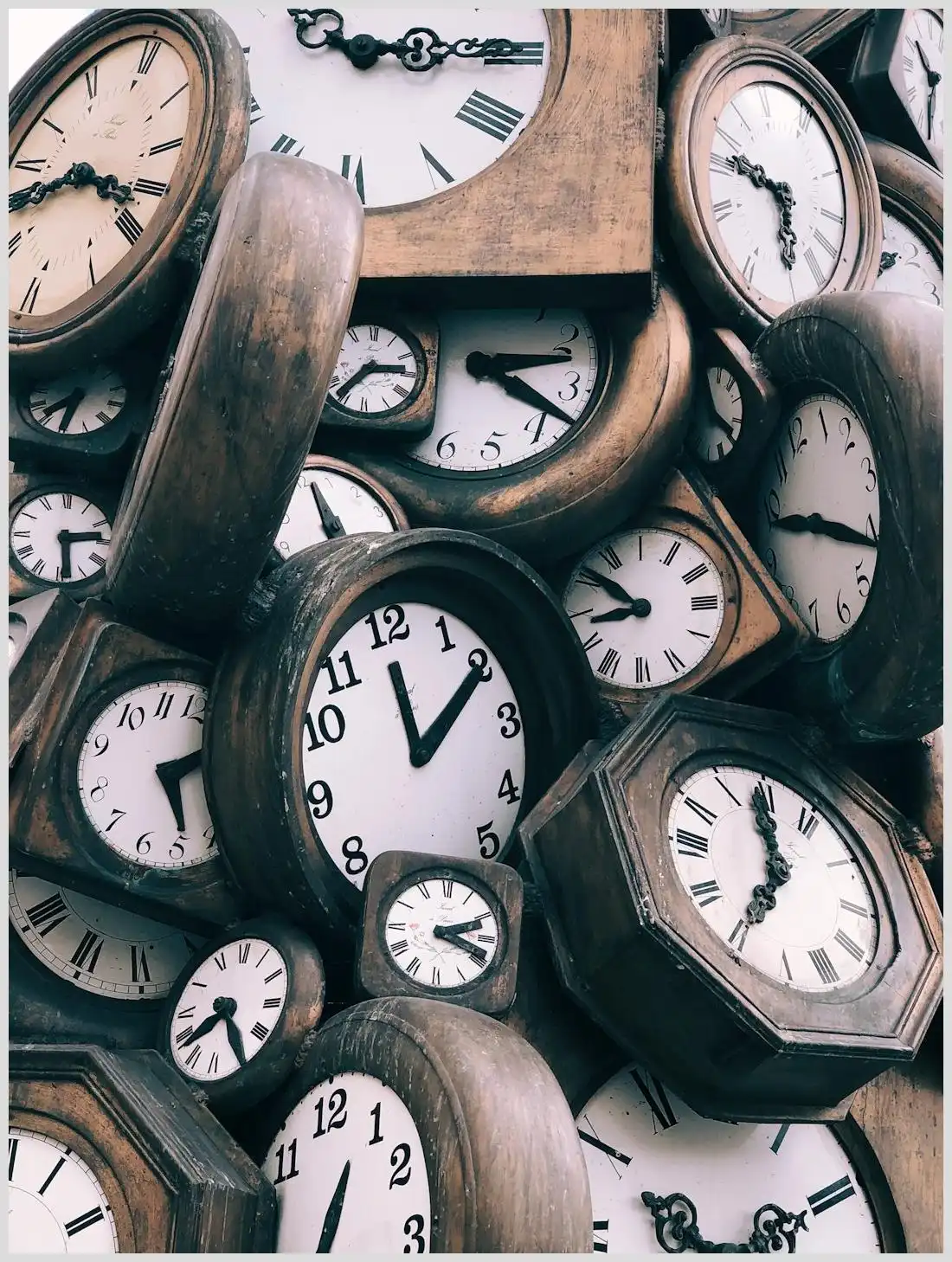 Relojes antiguos y modernos apilados que evocan gestiÃ³n del tiempo y tÃ©cnica Pomodoro; Domina el tiempo con Pomodoro: El secreto que todos ocultan.