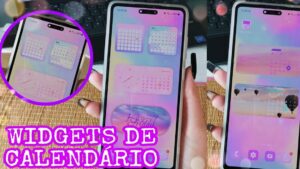 Smartphone mostrando varios widgets calendario en tonos pastel sobre fondo degradado