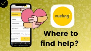 Pantalla de app móvil Vueling mostrando formulario de reserva y símbolo de apoyo en forma de corazón xHO1QeUVfNQ